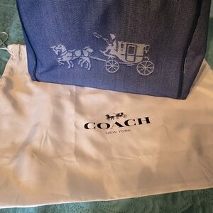 Coach Blue Canvas Tote with White Horse & Carriage Graphic